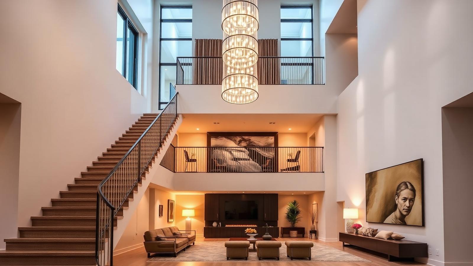 Grand double-height living space with layered architectural lighting