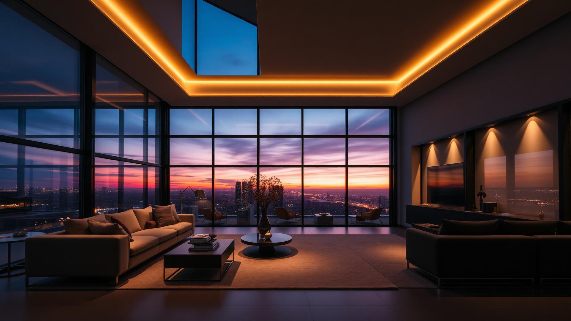 Luxury living room at dusk with warm integrated cove lighting