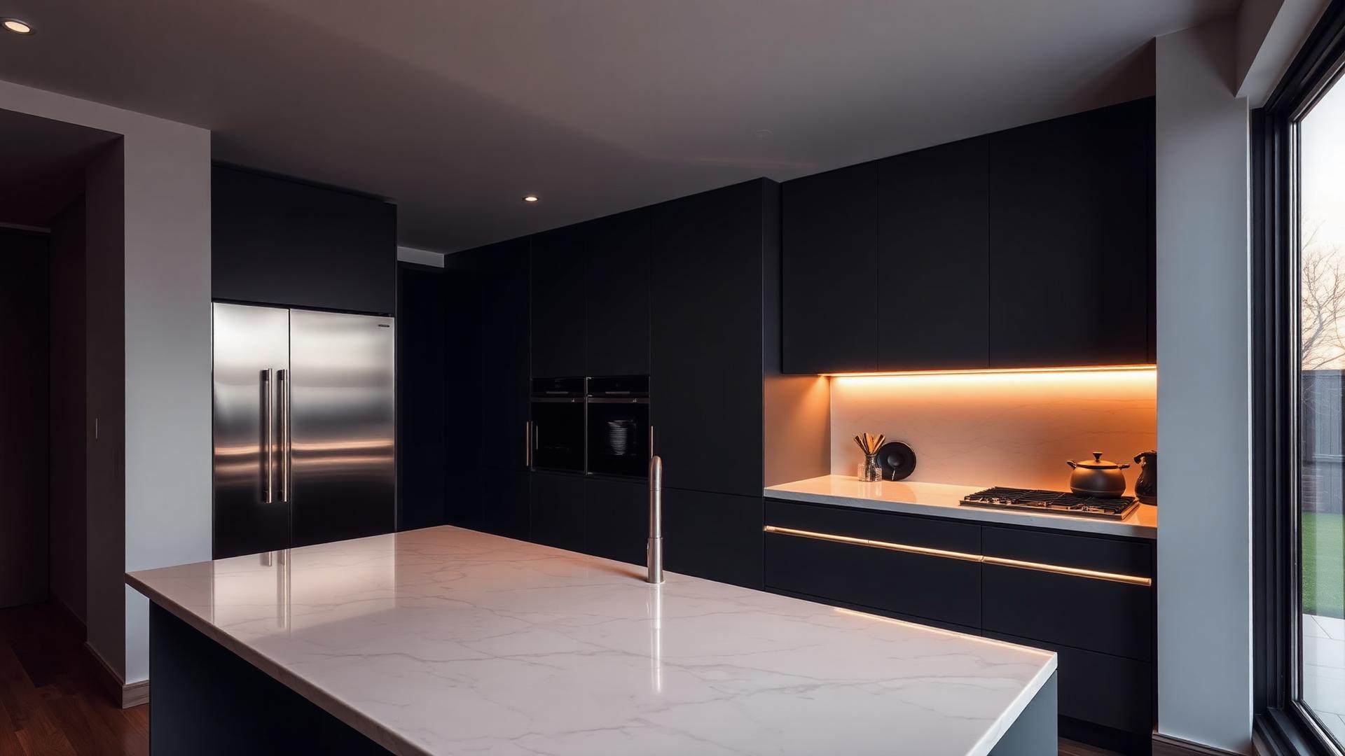 Modern kitchen with warm integrated under-cabinet lighting